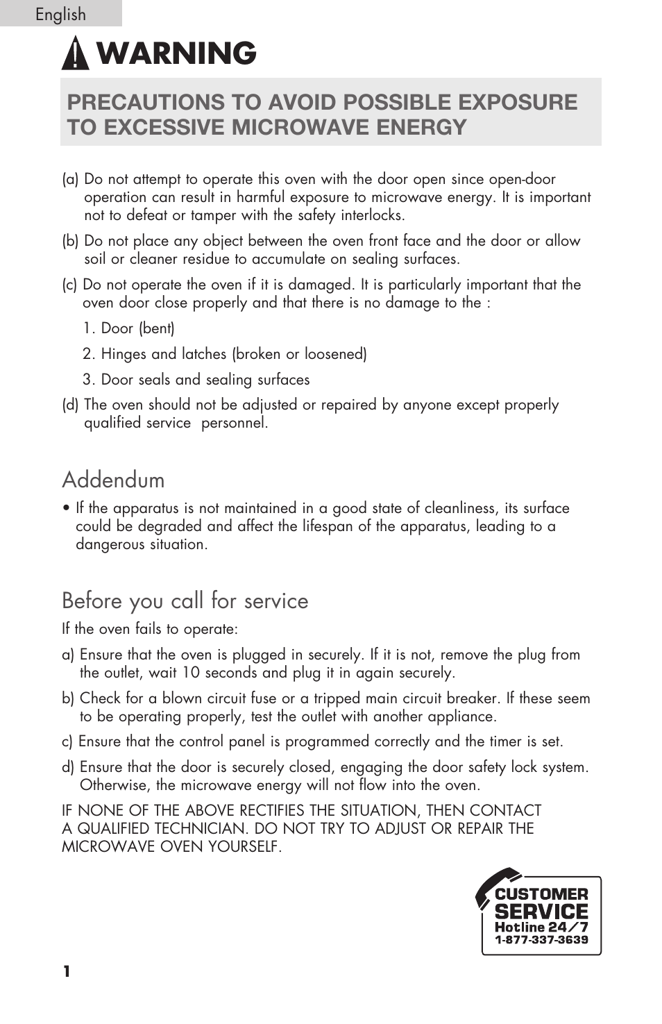 Warning, Addendum, Before you call for service | haier MWM6600RW User Manual | Page 2 / 16