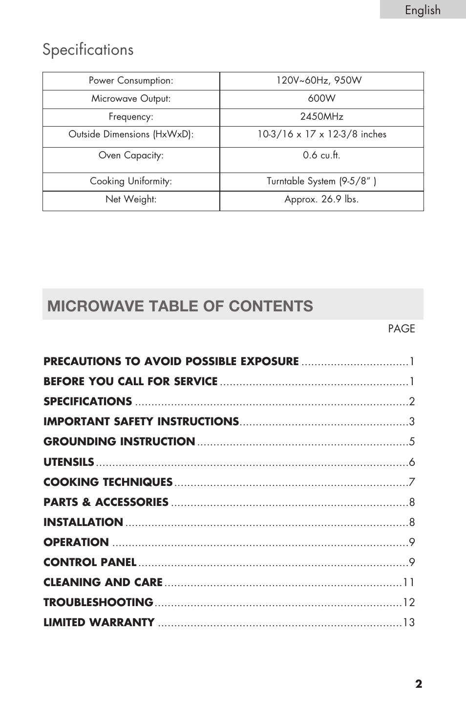 Specifications, Microwave table of contents | haier MWM6600RW User Manual | Page 3 / 16