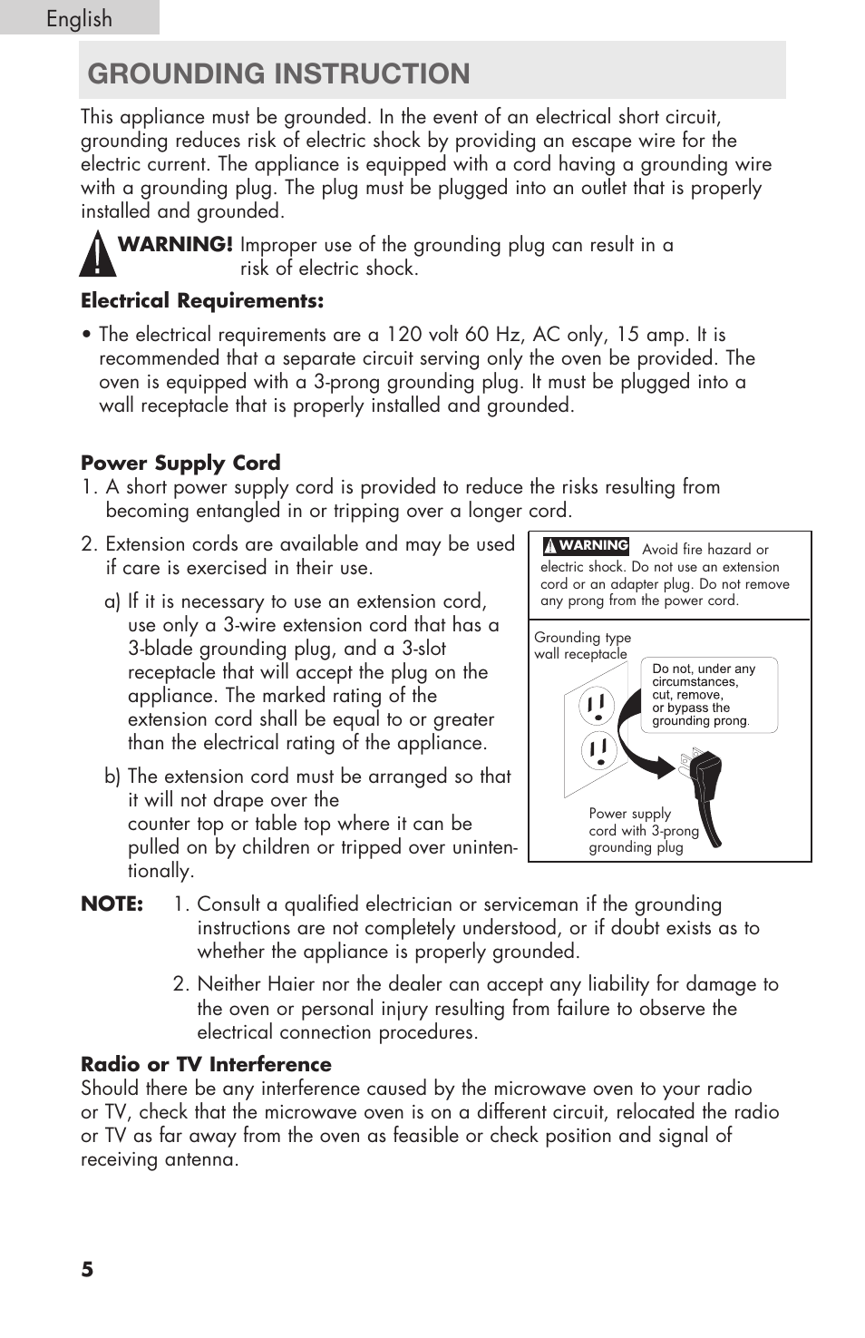 Warning, Grounding instruction, English | haier MWM6600RW User Manual | Page 6 / 16