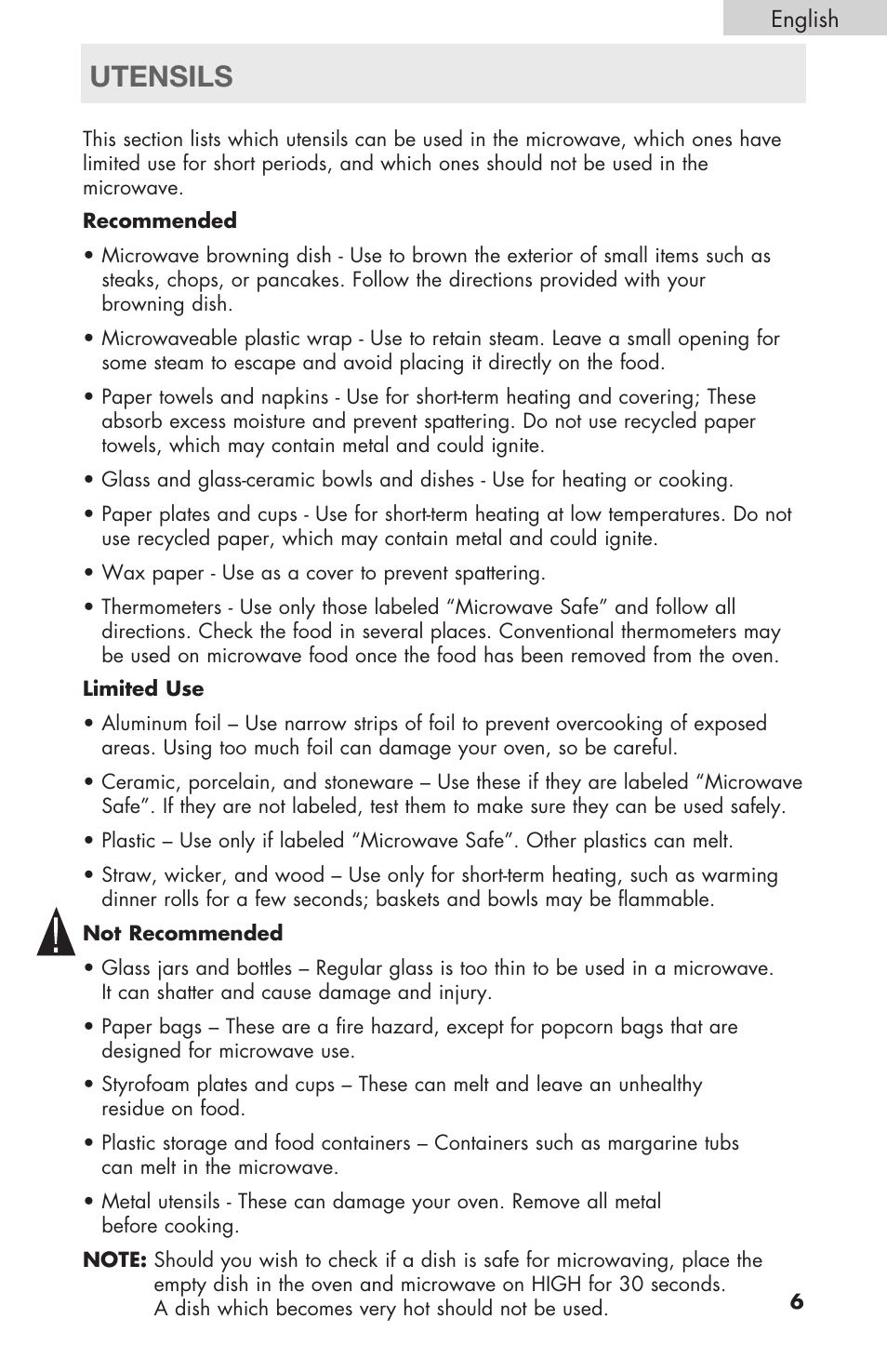 Warning, Utensils | haier MWM6600RW User Manual | Page 7 / 16
