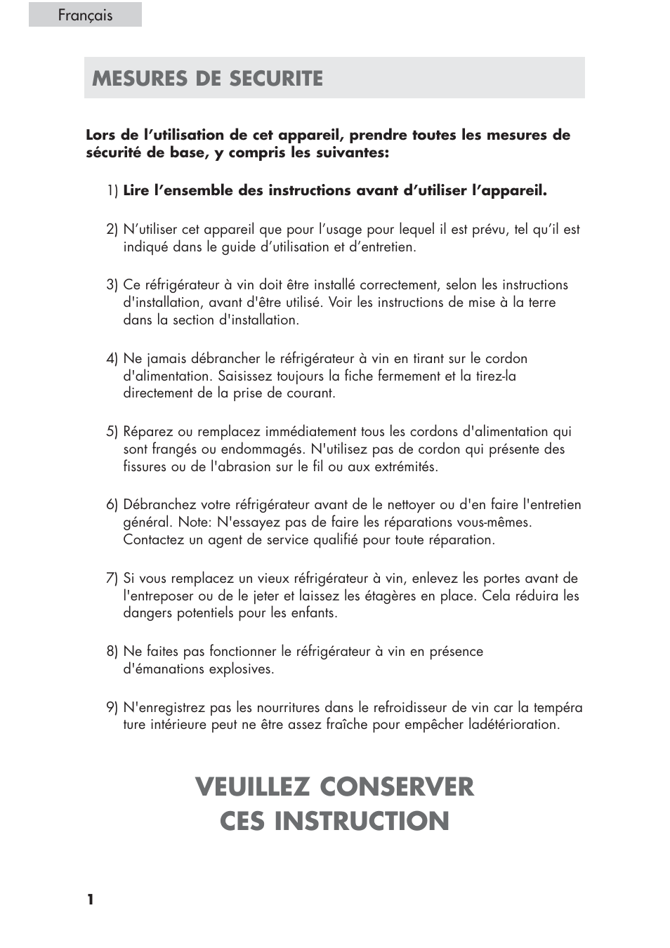 Veuillez conserver ces instruction, Mesures de securite | haier HVCE24 User Manual | Page 16 / 44