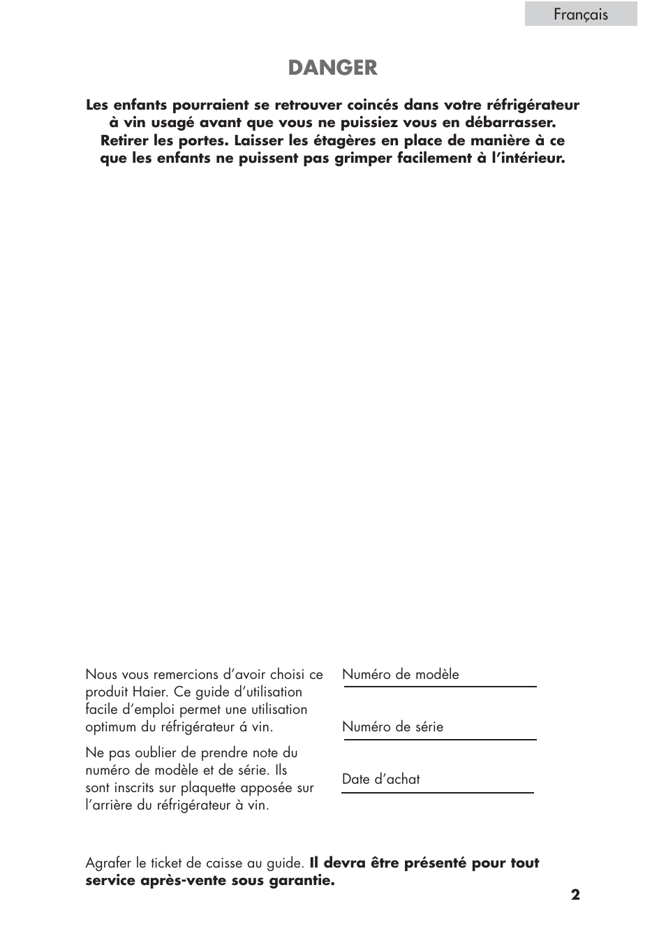 Danger | haier HVCE24 User Manual | Page 17 / 44