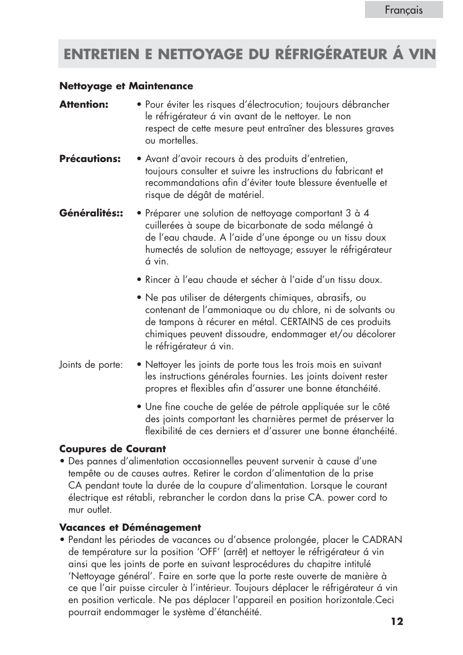 Entretien e nettoyage du réfrigérateur á vin | haier HVCE24 User Manual | Page 27 / 44
