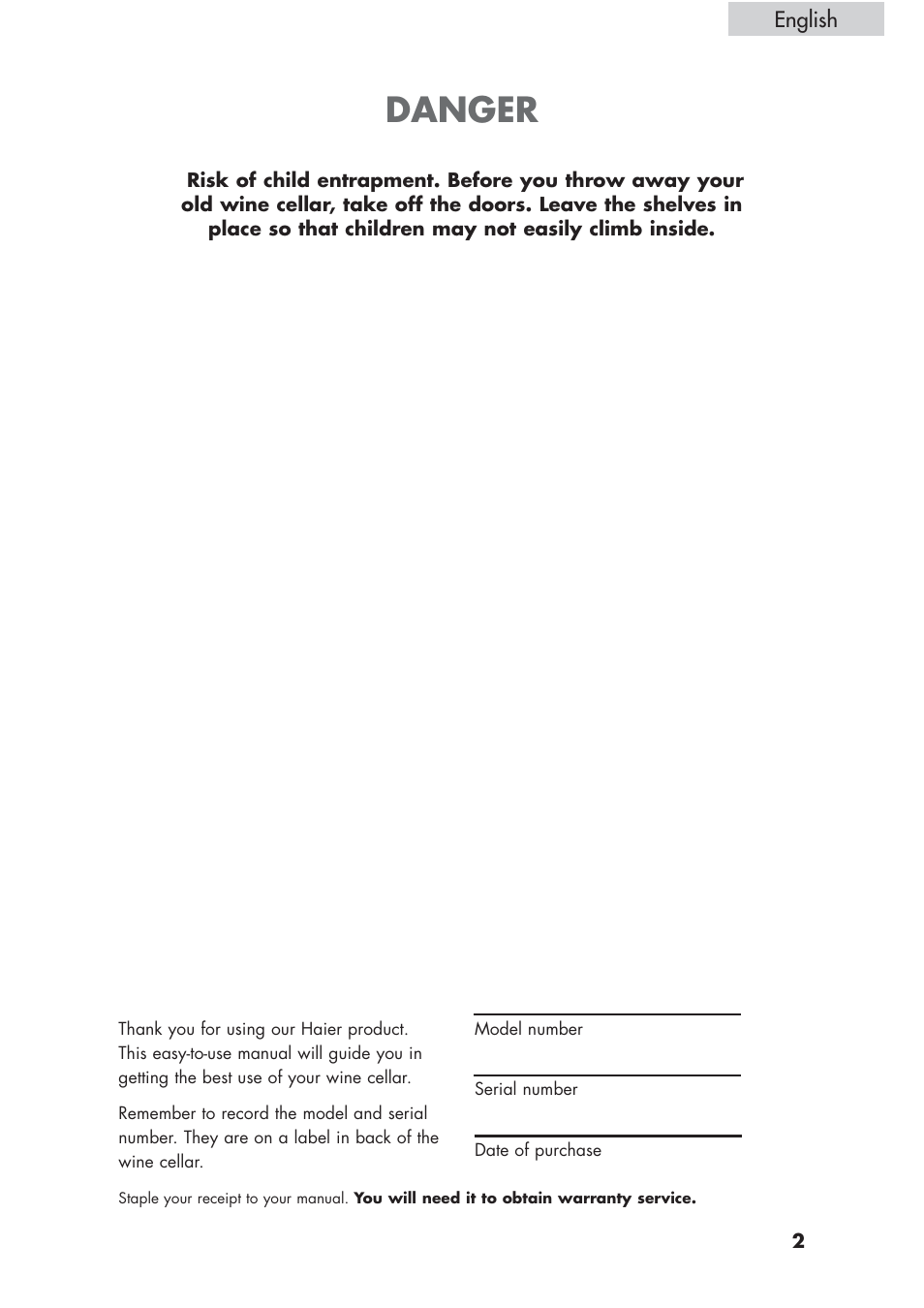 Danger | haier HVCE24 User Manual | Page 3 / 44