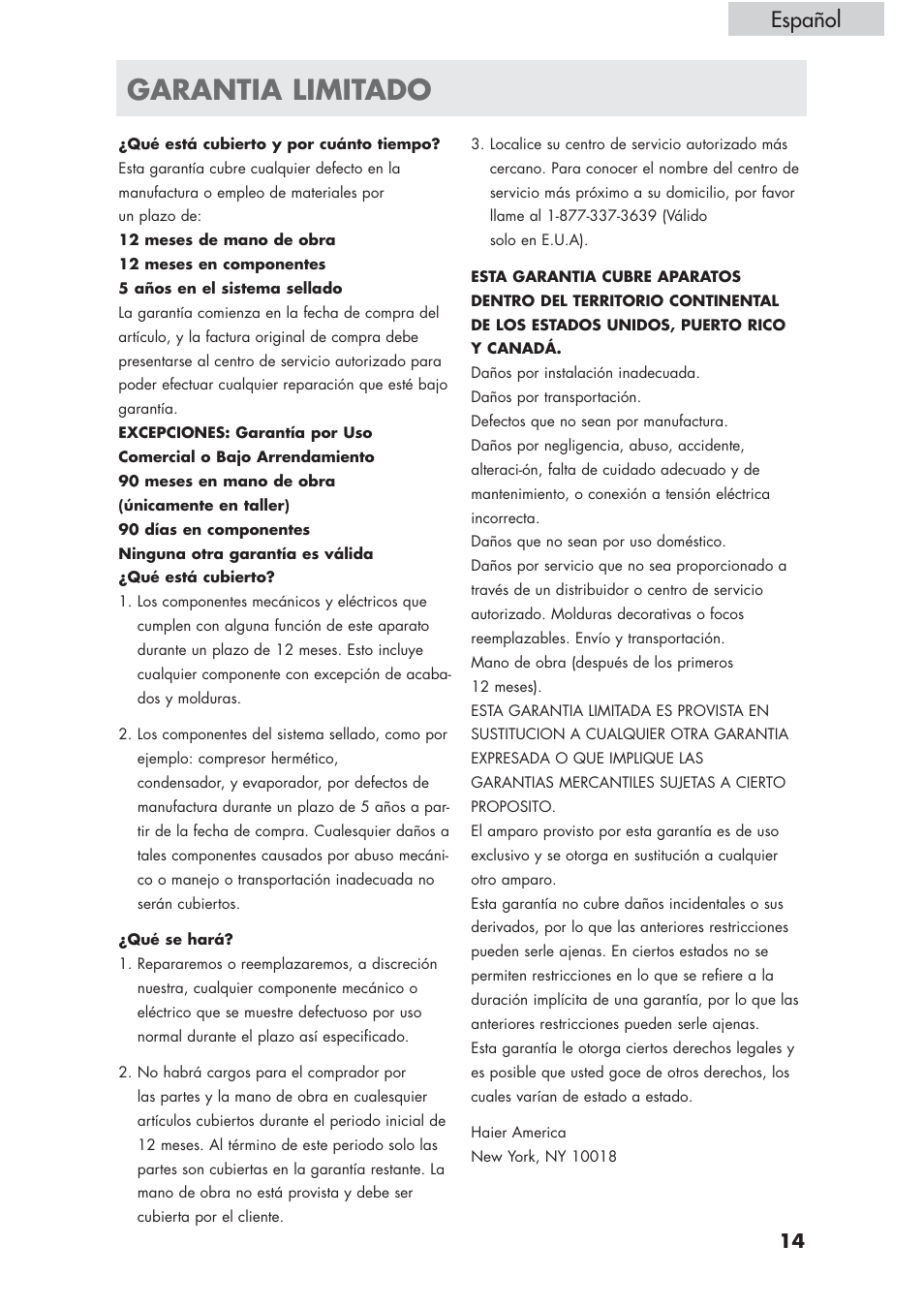 Garantia limitado, Español | haier HVCE24 User Manual | Page 43 / 44