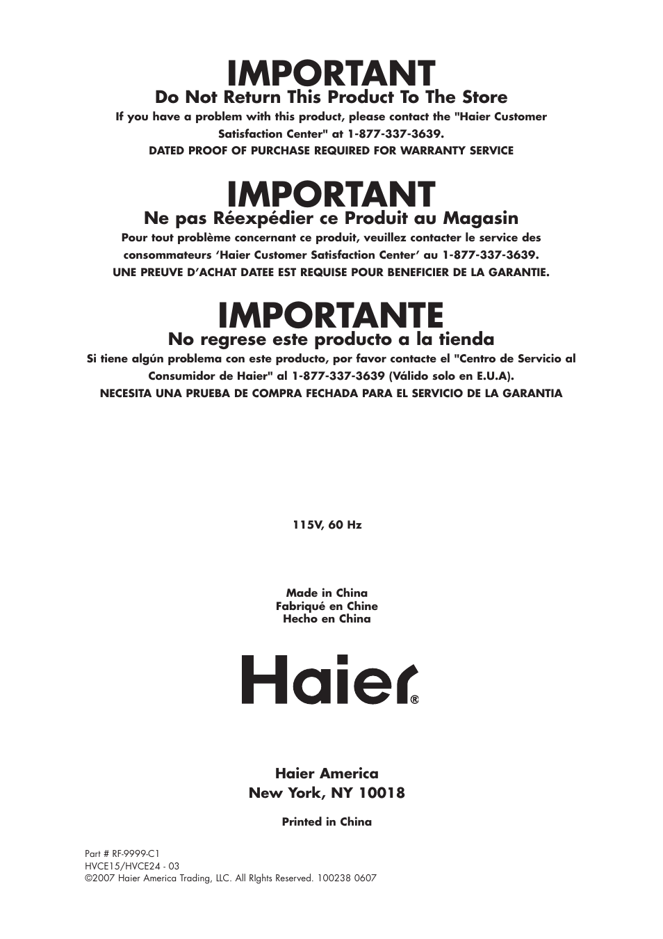 Important, Importante | haier HVCE24 User Manual | Page 44 / 44