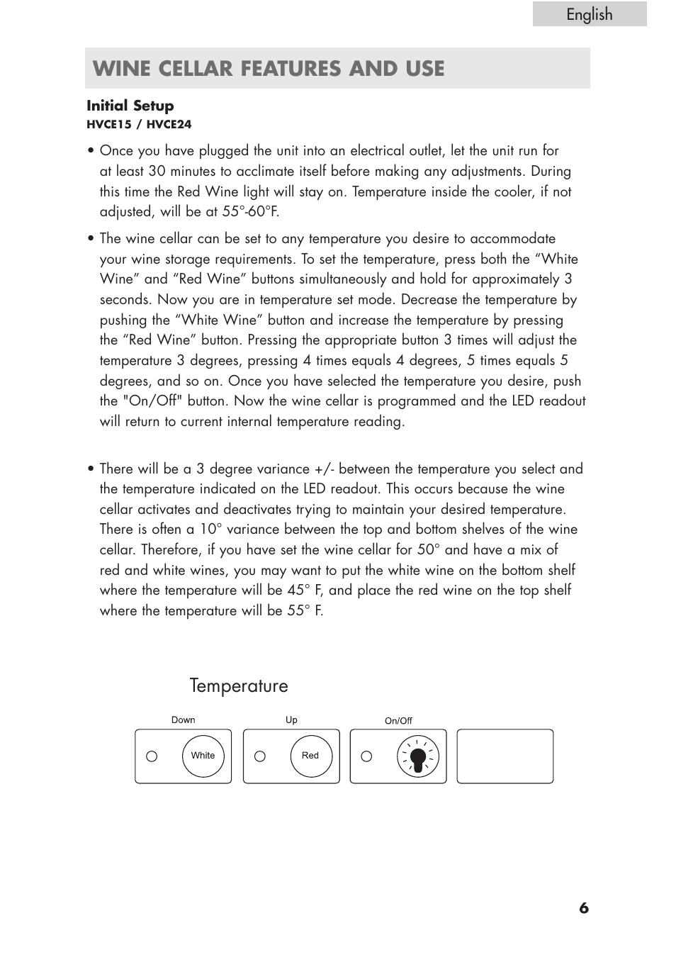 Wine cellar features and use, Temperature | haier HVCE24 User Manual | Page 7 / 44