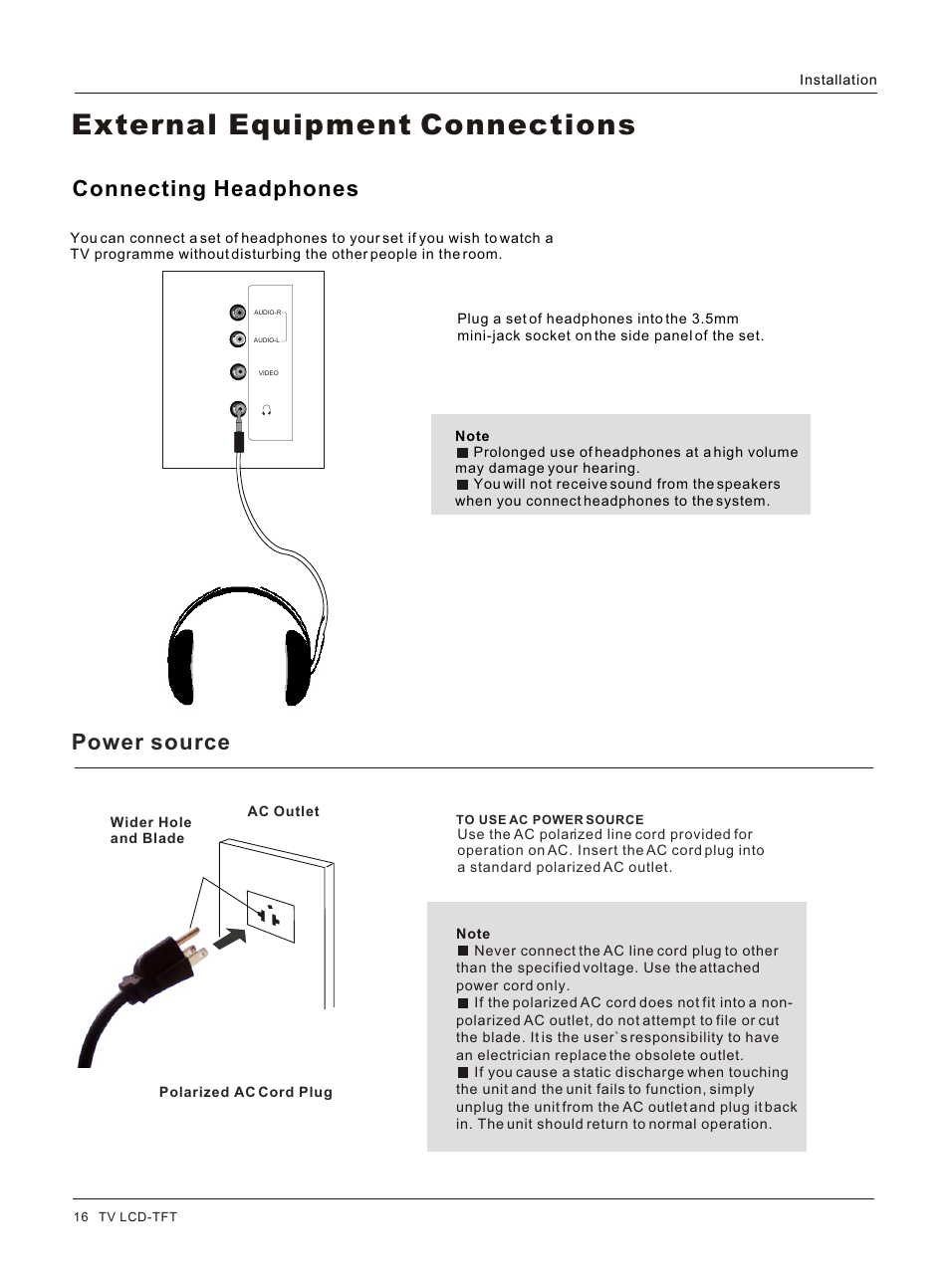 Т³гж 16, External equipment connections, Power source | Connecting headphones | haier HL32S User Manual | Page 16 / 44