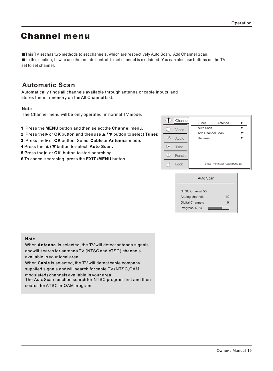 Т³гж 19, Channel menu, Automatic scan | haier HL32S User Manual | Page 19 / 44