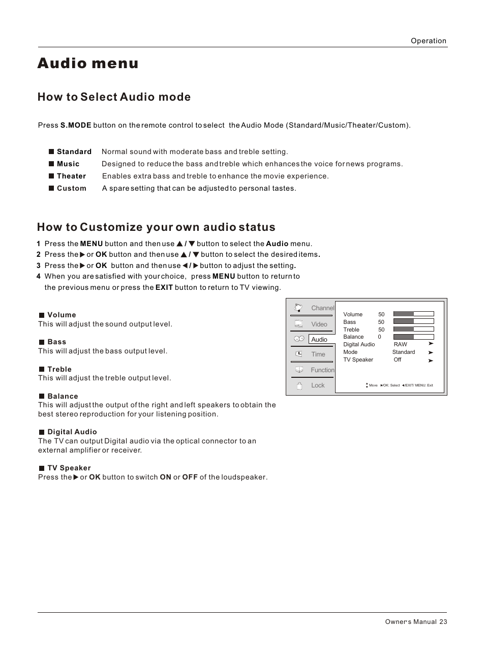 Т³гж 23, Audio menu | haier HL32S User Manual | Page 23 / 44