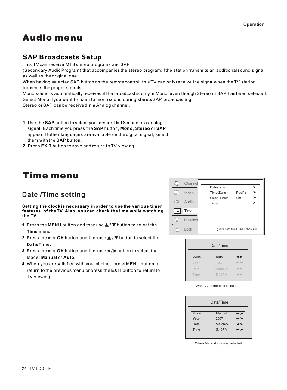 Т³гж 24, Time menu audio menu, Sap broadcasts setup | Date /time setting | haier HL32S User Manual | Page 24 / 44