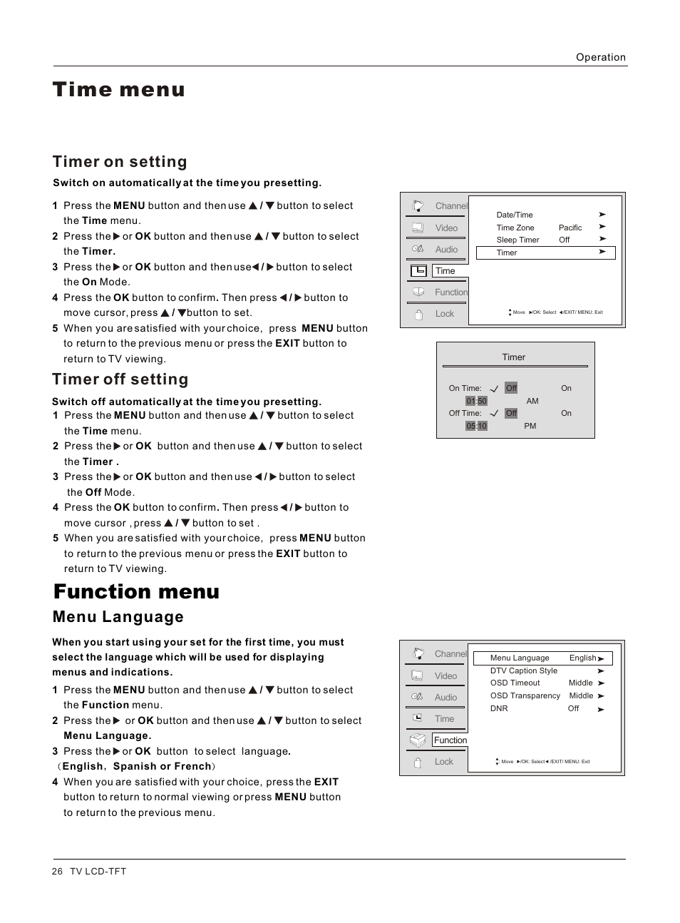 Т³гж 26, Time menu function menu, Menu language | Timer on setting, Timer off setting | haier HL32S User Manual | Page 26 / 44