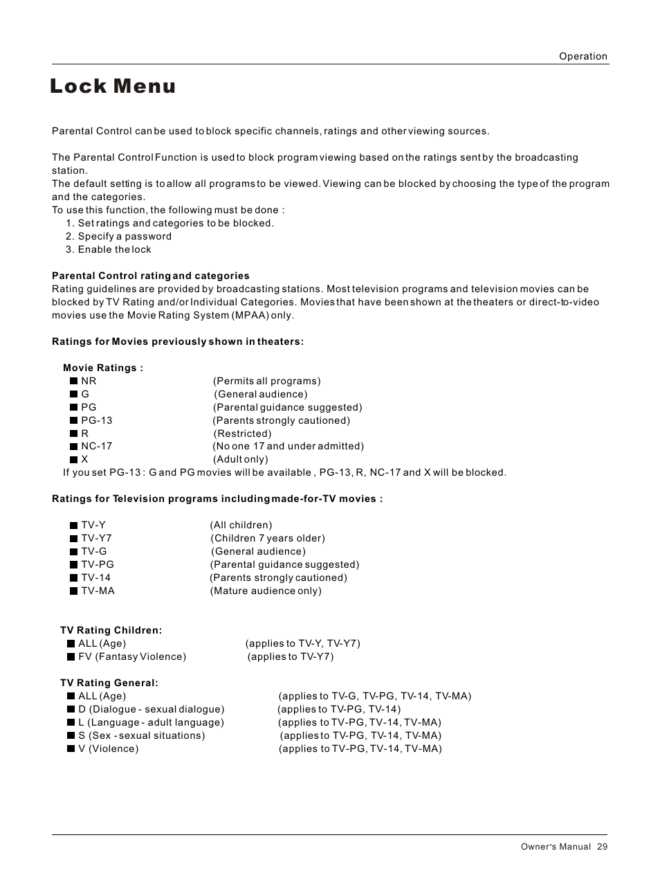 Т³гж 29, Lock menu | haier HL32S User Manual | Page 29 / 44