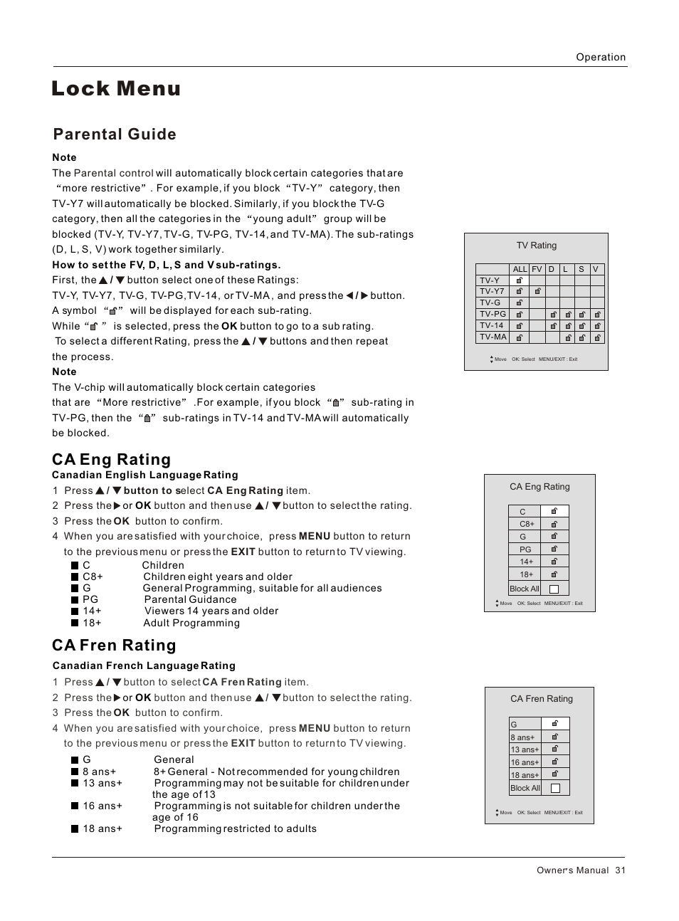 Т³гж 31, Lock menu, Ca eng rating ca fren rating | Parental guide | haier HL32S User Manual | Page 31 / 44