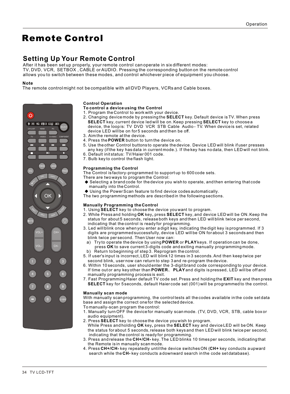 Т³гж 34, Remote control, Setting up your remote control | Operation | haier HL32S User Manual | Page 34 / 44