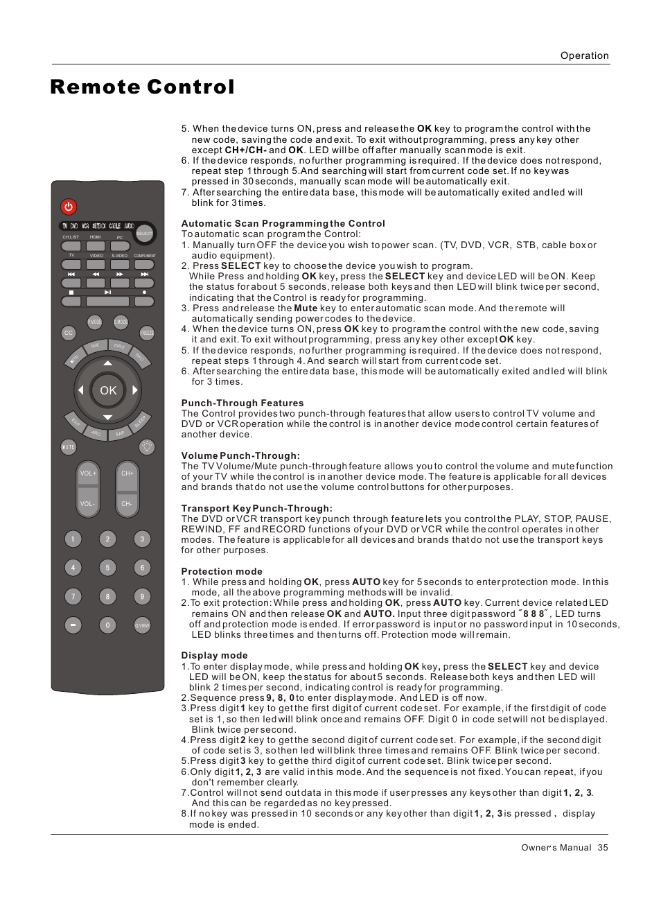 Т³гж 35, Remote control, Operation | Owner s manual 35 | haier HL32S User Manual | Page 35 / 44