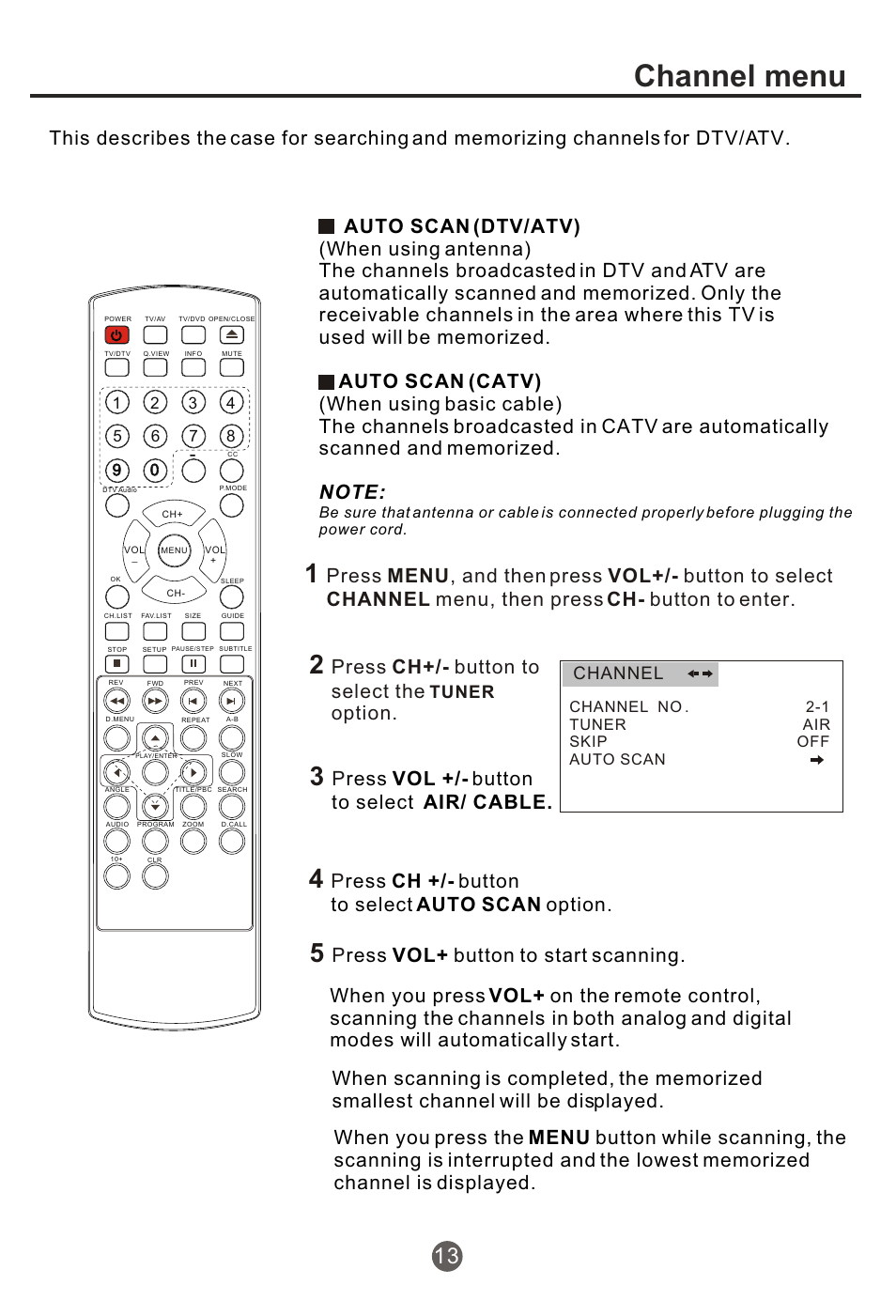 Т³гж 14, Channel menu, Press ch+/- button to select the | Option, Press ch +/- button to select auto scan option, Press vol+ button to start scanning, Tuner, Channel | haier NX-565 User Manual | Page 14 / 45