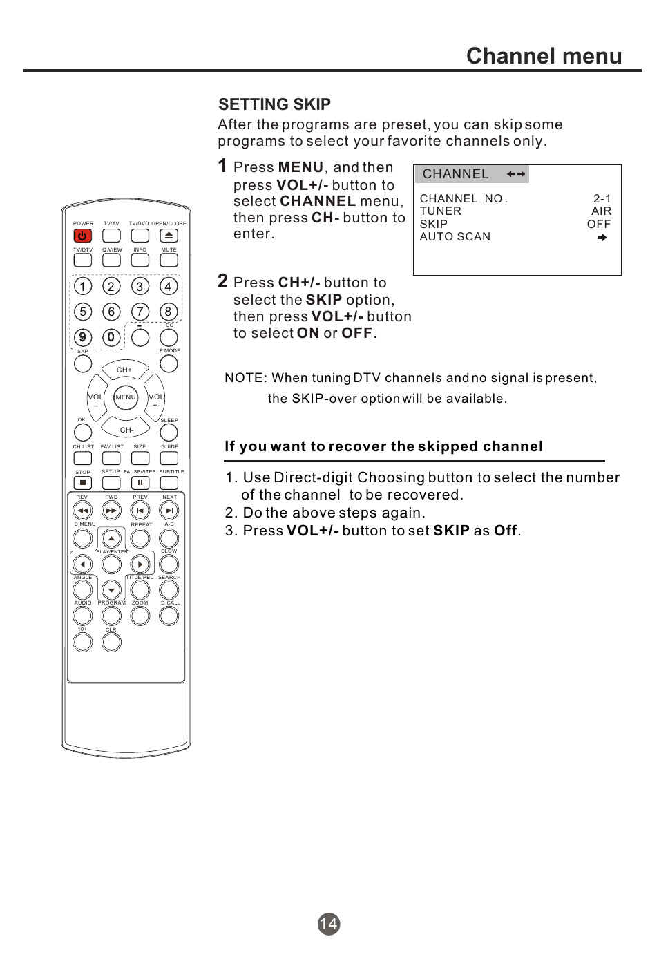 Т³гж 15, Channel menu, Setting skip | Channel, Channel no . 2-1 tuner air skip off auto scan | haier NX-565 User Manual | Page 15 / 45