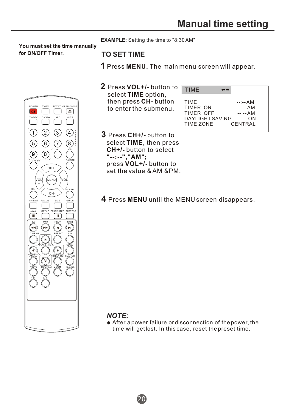 Т³гж 21, Manual time setting, Press menu. the main menu screen will appear | Press menu until the menu screen disappears, Time, You must set the time manually for on/off timer, Example: setting the time to "8:30 am | haier NX-565 User Manual | Page 21 / 45