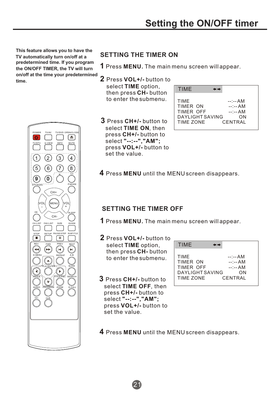 Т³гж 22, Setting the on/off timer, Setting the timer on | Setting the timer off, Press menu. the main menu screen will appear, Press menu until the menu screen disappears, Time | haier NX-565 User Manual | Page 22 / 45