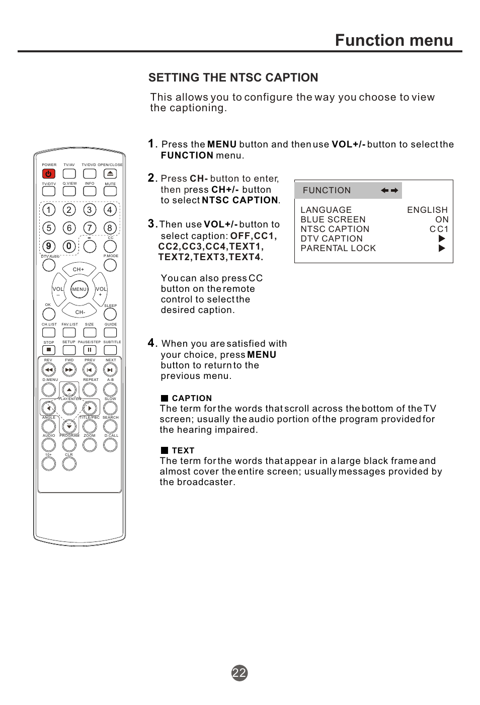 Т³гж 23, Function menu, Setting the ntsc caption 1 | Press the menu button and then use vol, Button to select the function menu, Ress ch, Button to select ntsc caption, Then use vol | haier NX-565 User Manual | Page 23 / 45