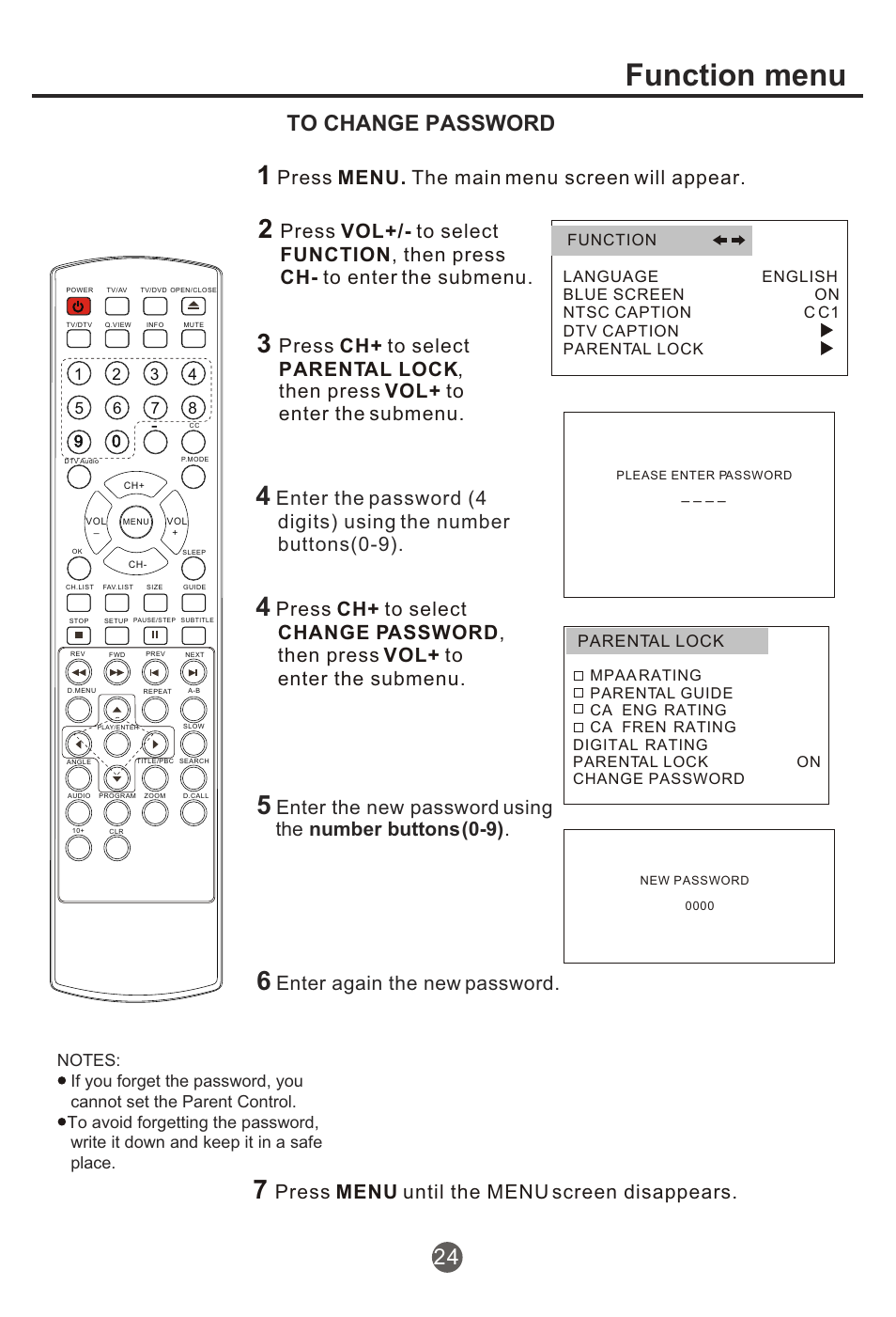 Т³гж 25, Function menu, Press menu until the menu screen disappears | Press menu. the main menu screen will appear, Enter again the new password | haier NX-565 User Manual | Page 25 / 45