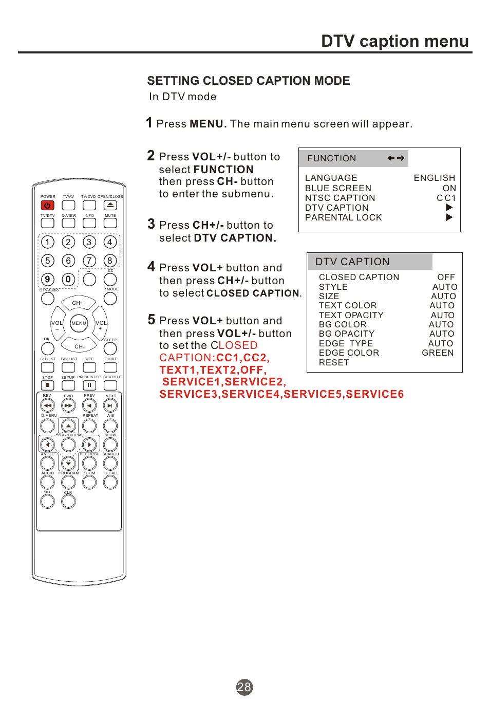 Т³гж 29, Dtv caption menu, Setting closed caption mode | Press menu. the main menu screen will appear, Press ch+/- button to select dtv caption, Dtv caption, Closed caption | haier NX-565 User Manual | Page 29 / 45