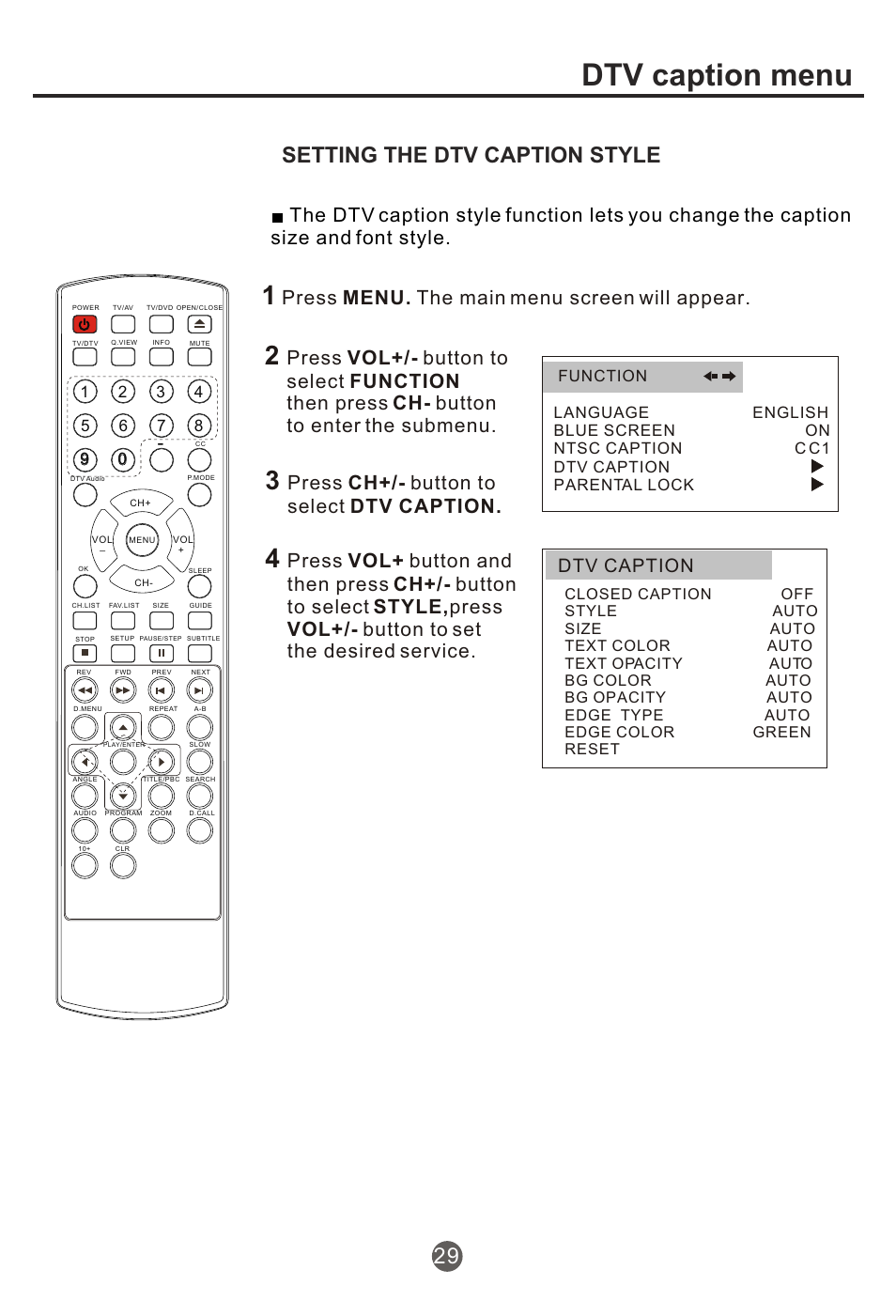 Т³гж 30, Dtv caption menu, Setting the dtv caption style | Press menu. the main menu screen will appear, Press ch+/- button to select dtv caption, Dtv caption | haier NX-565 User Manual | Page 30 / 45