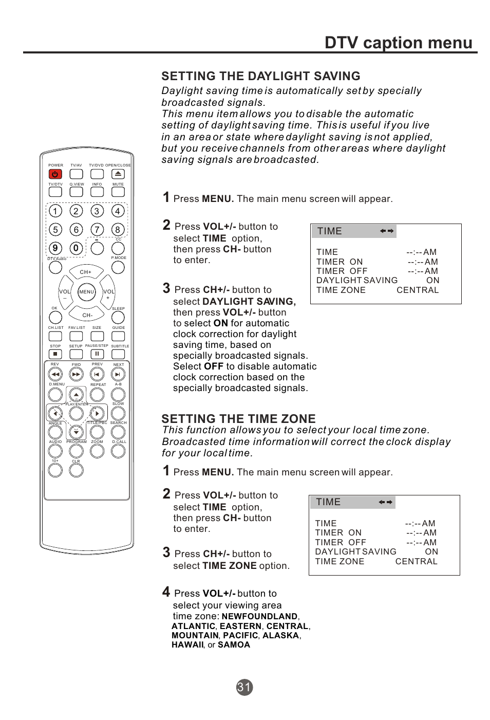 Т³гж 32, Dtv caption menu, Setting the daylight saving | Setting the time zone, Press menu. the main menu screen will appear, Press vol, Button to select your viewing area time zone, Press ch+/- button to select time zone option, Time | haier NX-565 User Manual | Page 32 / 45