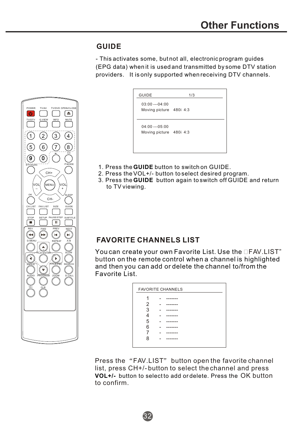 Т³гж 33, Other functions, Guide favorite channels list 32 | haier NX-565 User Manual | Page 33 / 45