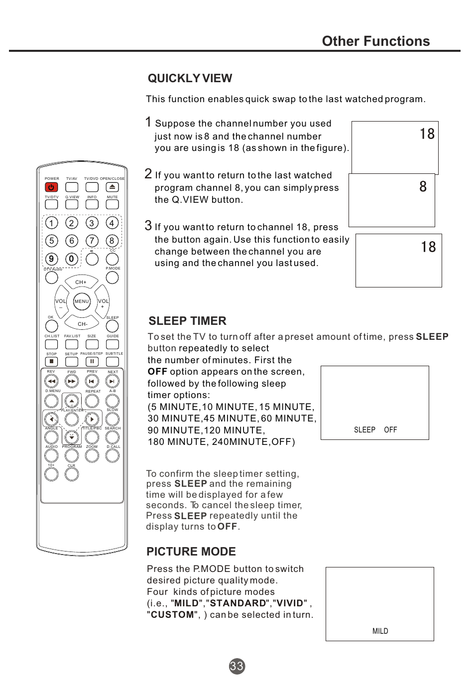 Т³гж 34, Other functions, Sleep timer | Picture mode, Quickly view 33 | haier NX-565 User Manual | Page 34 / 45