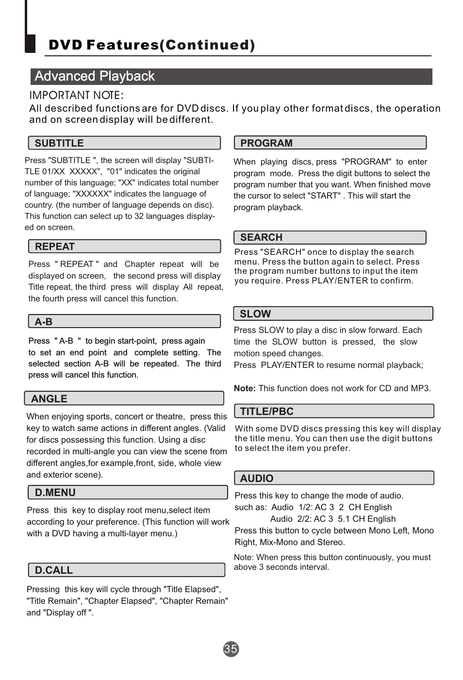 Т³гж 36, Advanced playback, Dvd features (continued) | haier NX-565 User Manual | Page 36 / 45