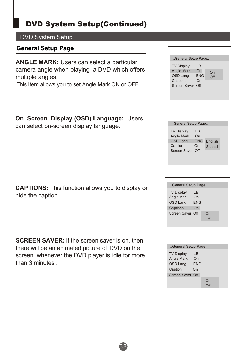 Т³гж 39, Dvd system setup(continued), This item allows you to set angle mark on or off | haier NX-565 User Manual | Page 39 / 45