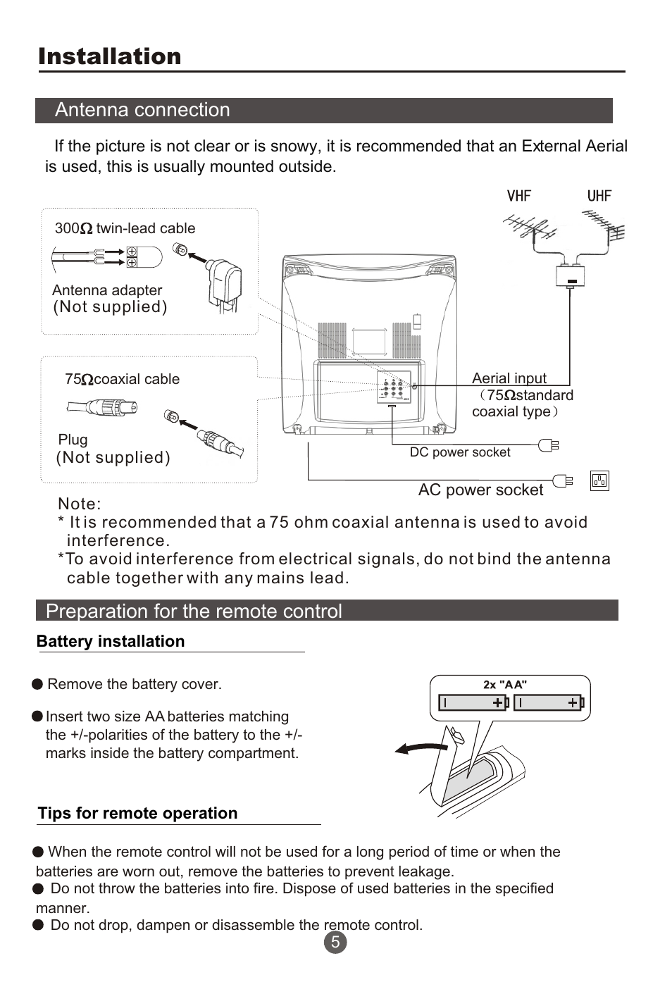 Т³гж 6, Installation, Preparation for the remote control | Antenna connection | haier NX-565 User Manual | Page 6 / 45