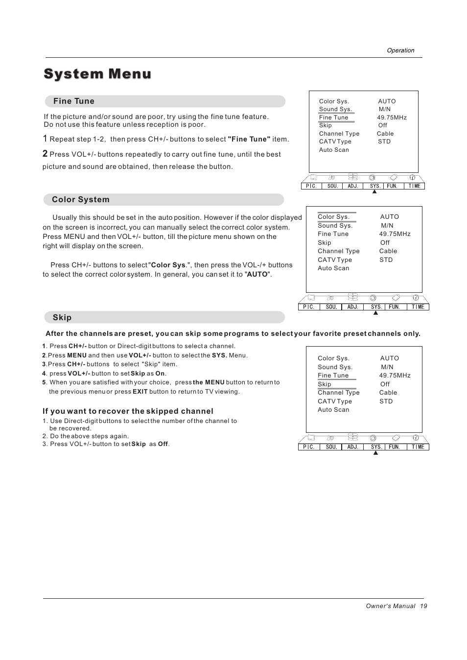 System menu, Color system, Skip | If you want to recover the skipped channel, Fine tune | haier PH-4210D User Manual | Page 19 / 34