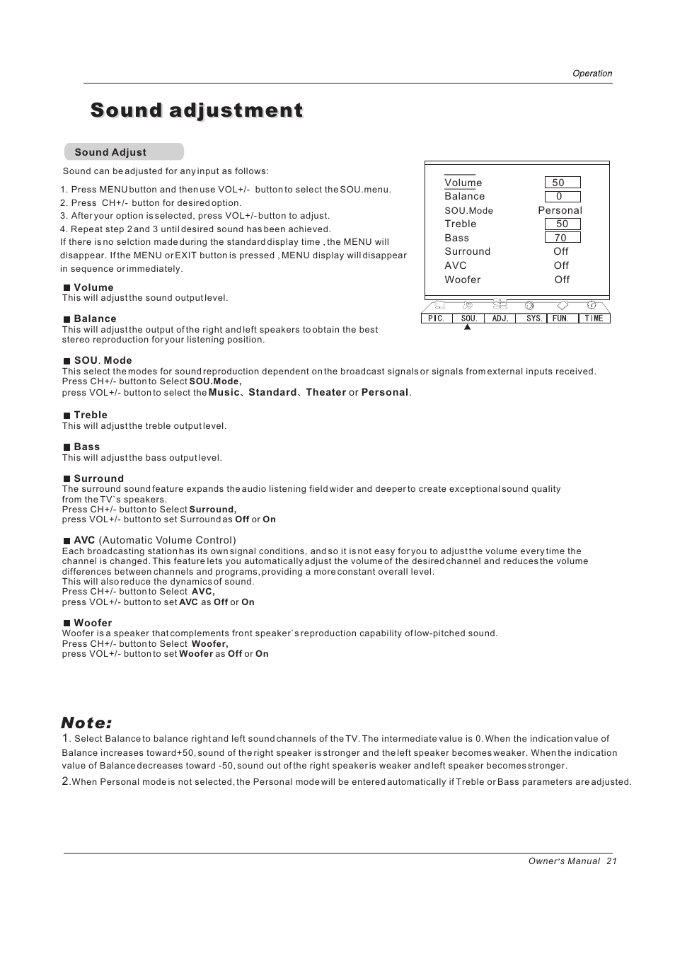 Sound adjustment | haier PH-4210D User Manual | Page 21 / 34