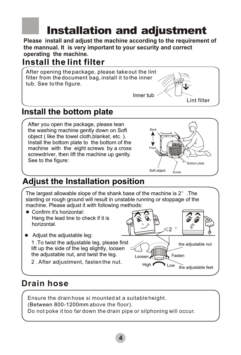 Installation and adjustment, Install the bottom plate, Adjust the installation position | Install the lint filter, Drain hose | haier HWMP50F User Manual | Page 6 / 16
