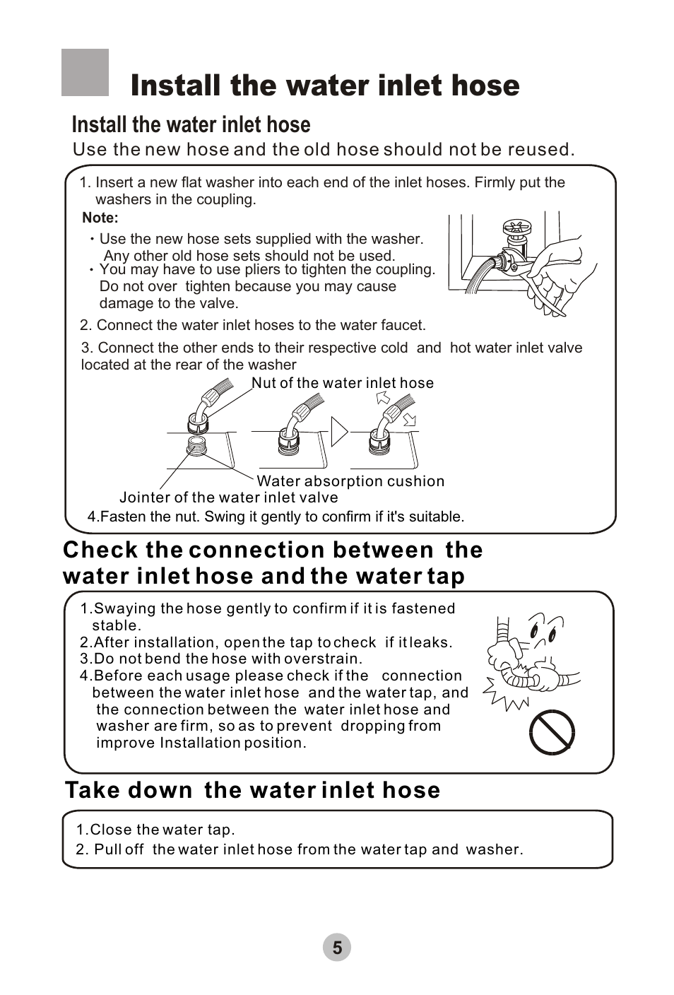 Install the water inlet hose, Take down the water inlet hose | haier HWMP50F User Manual | Page 7 / 16