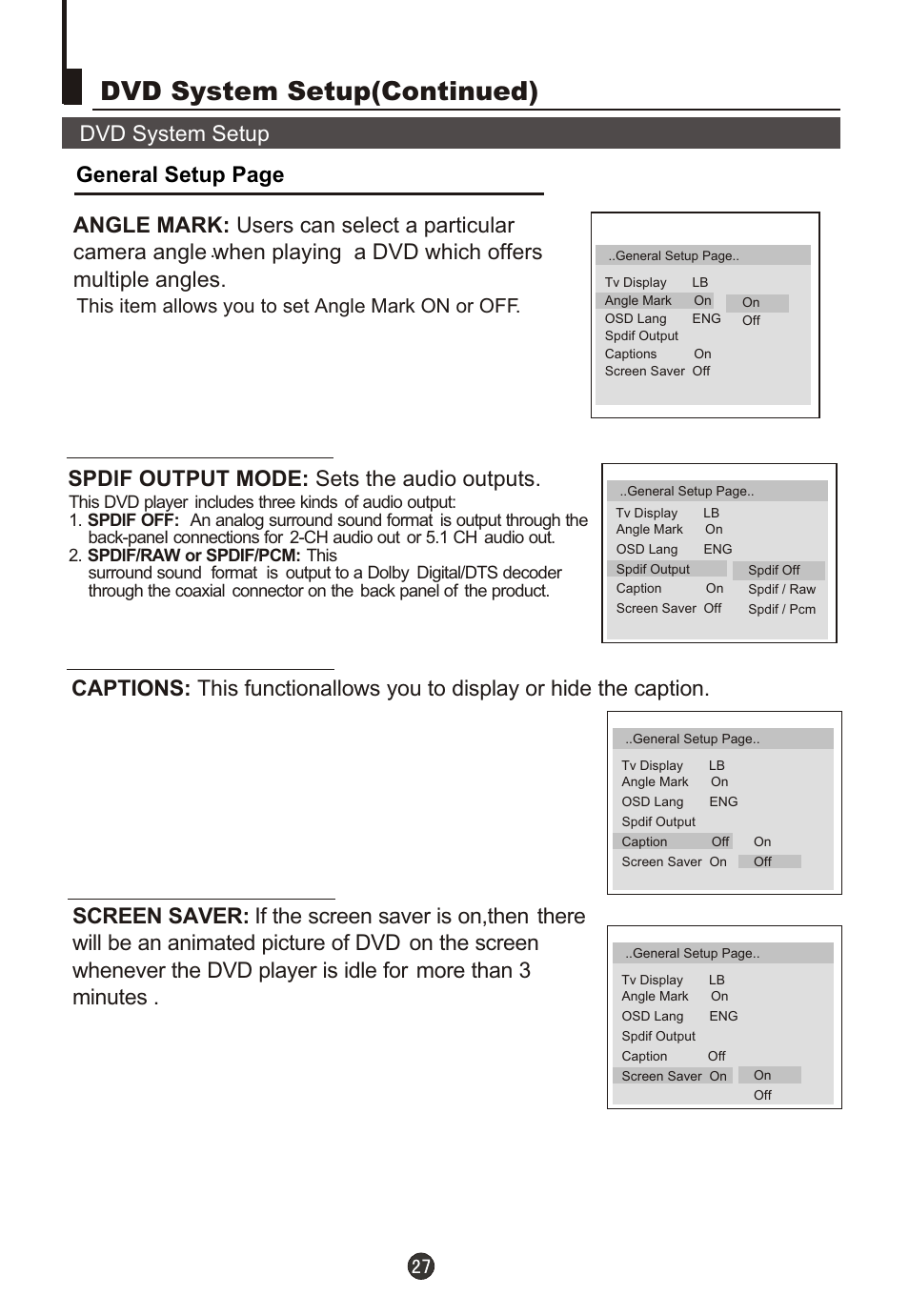 Т³гж 28, Dvd system setup(continued), This item allows you to set angle mark on or off | haier DTA21F98 User Manual | Page 28 / 36