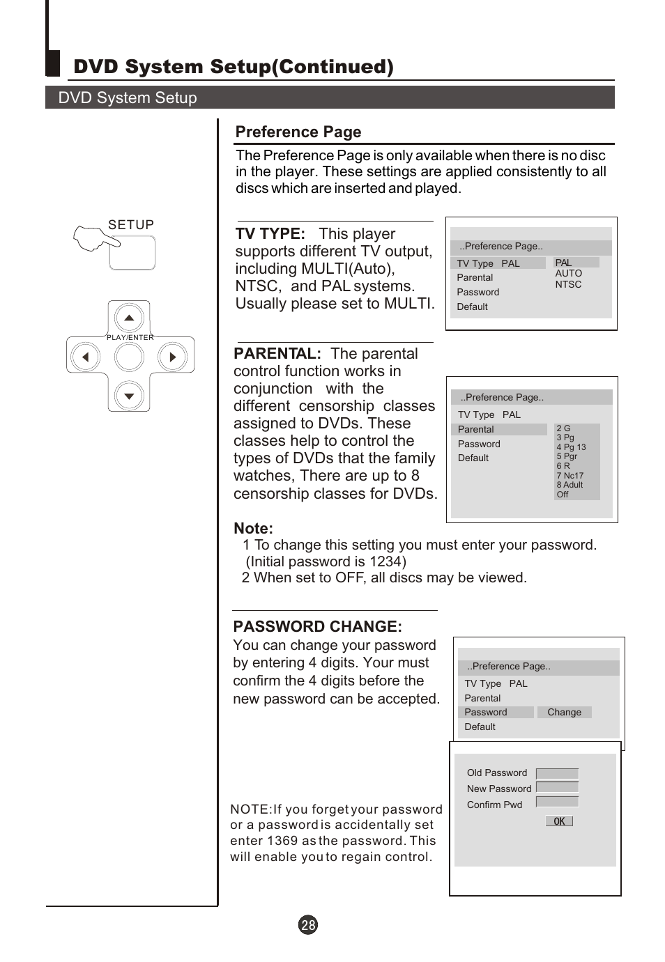 Т³гж 29, Dvd system setup(continued), Dvd system setup | Preference page, Password change | haier DTA21F98 User Manual | Page 29 / 36