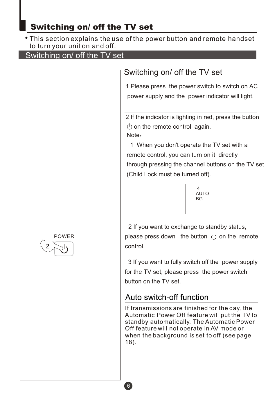 Т³гж 7, Switching on/ off the tv set, Auto switch-off function | haier DTA21F98 User Manual | Page 7 / 36