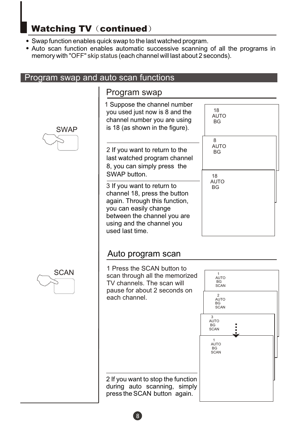 Т³гж 9, Watching tv continued, Program swap and auto scan functions program swap | Auto program scan | haier DTA21F98 User Manual | Page 9 / 36