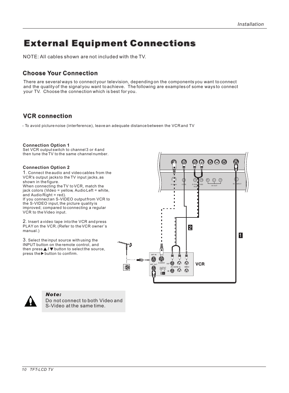 External equipment connections, Vcr connection, Choose your connection | Installation, Connection option 1, Connection option 2 | haier HLH32ATBB User Manual | Page 10 / 48