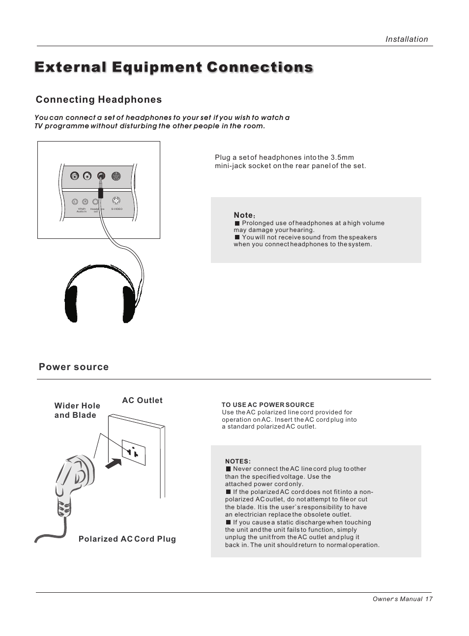 External equipment connections, Power source, Connecting headphones | Installation | haier HLH32ATBB User Manual | Page 17 / 48