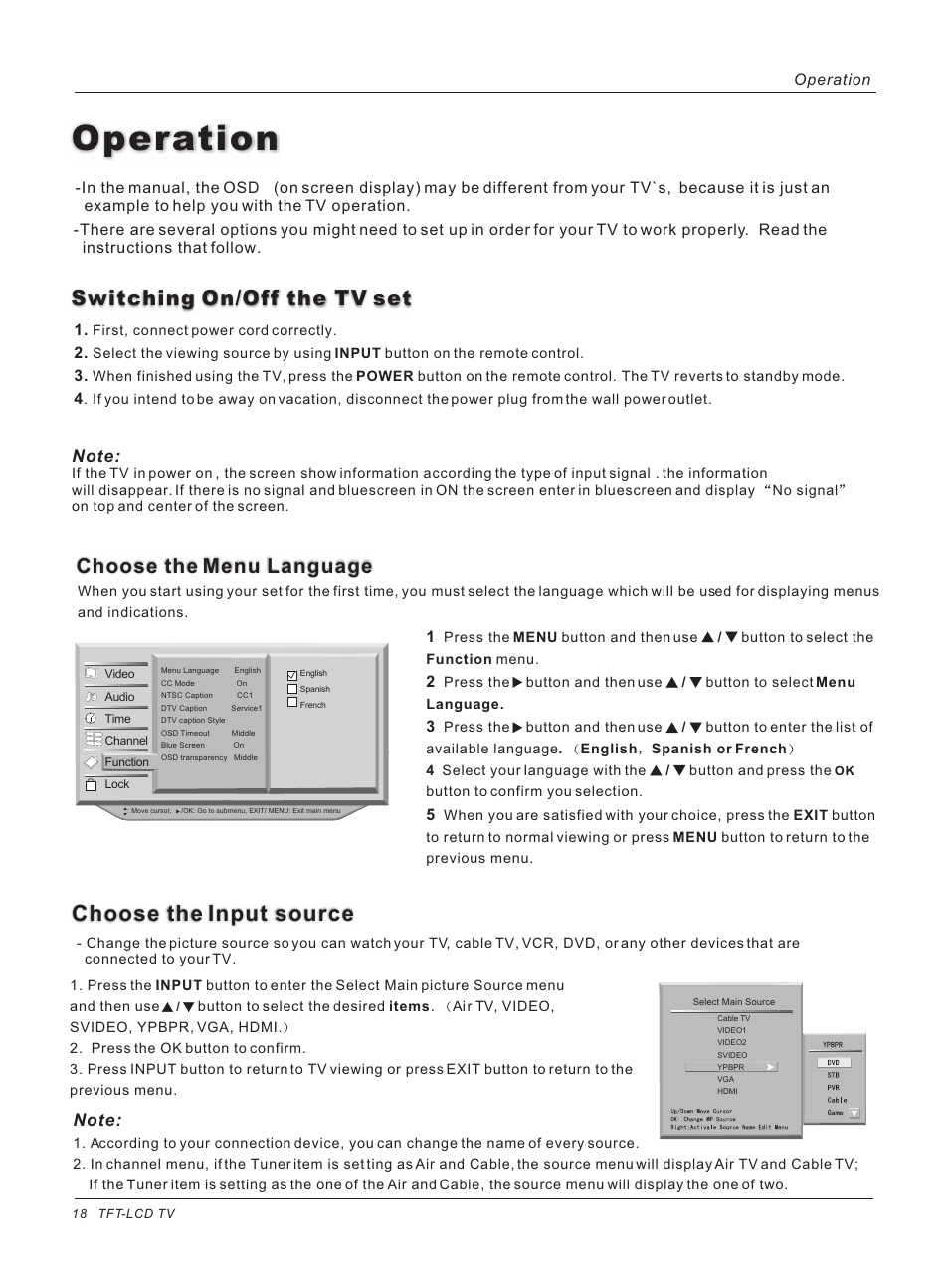 Operation, Choose the input source | haier HLH32ATBB User Manual | Page 18 / 48