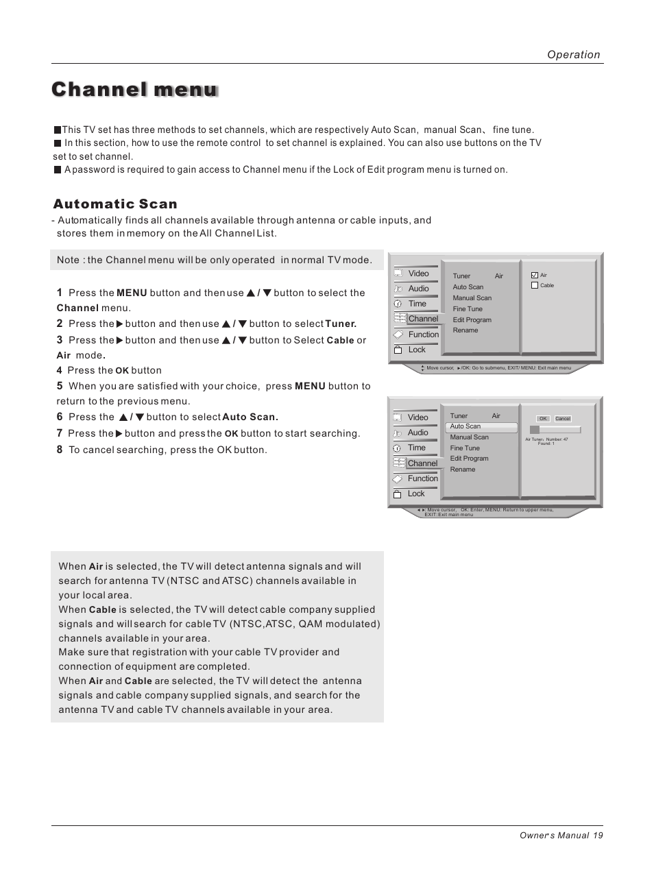 Channel menu, Automatic scan, Operation | haier HLH32ATBB User Manual | Page 19 / 48