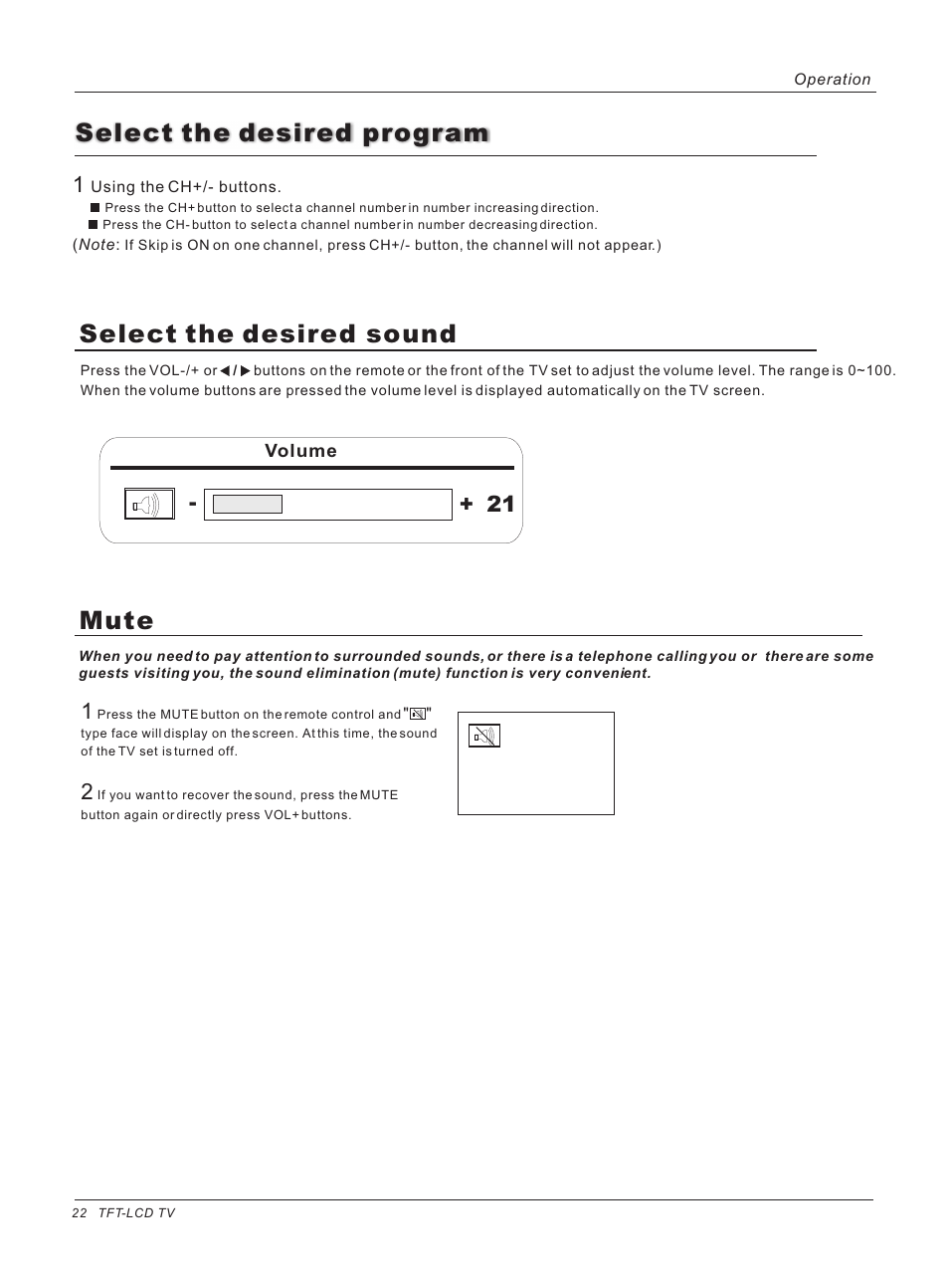 Select the desired program, Select the desired sound, Mute | haier HLH32ATBB User Manual | Page 22 / 48