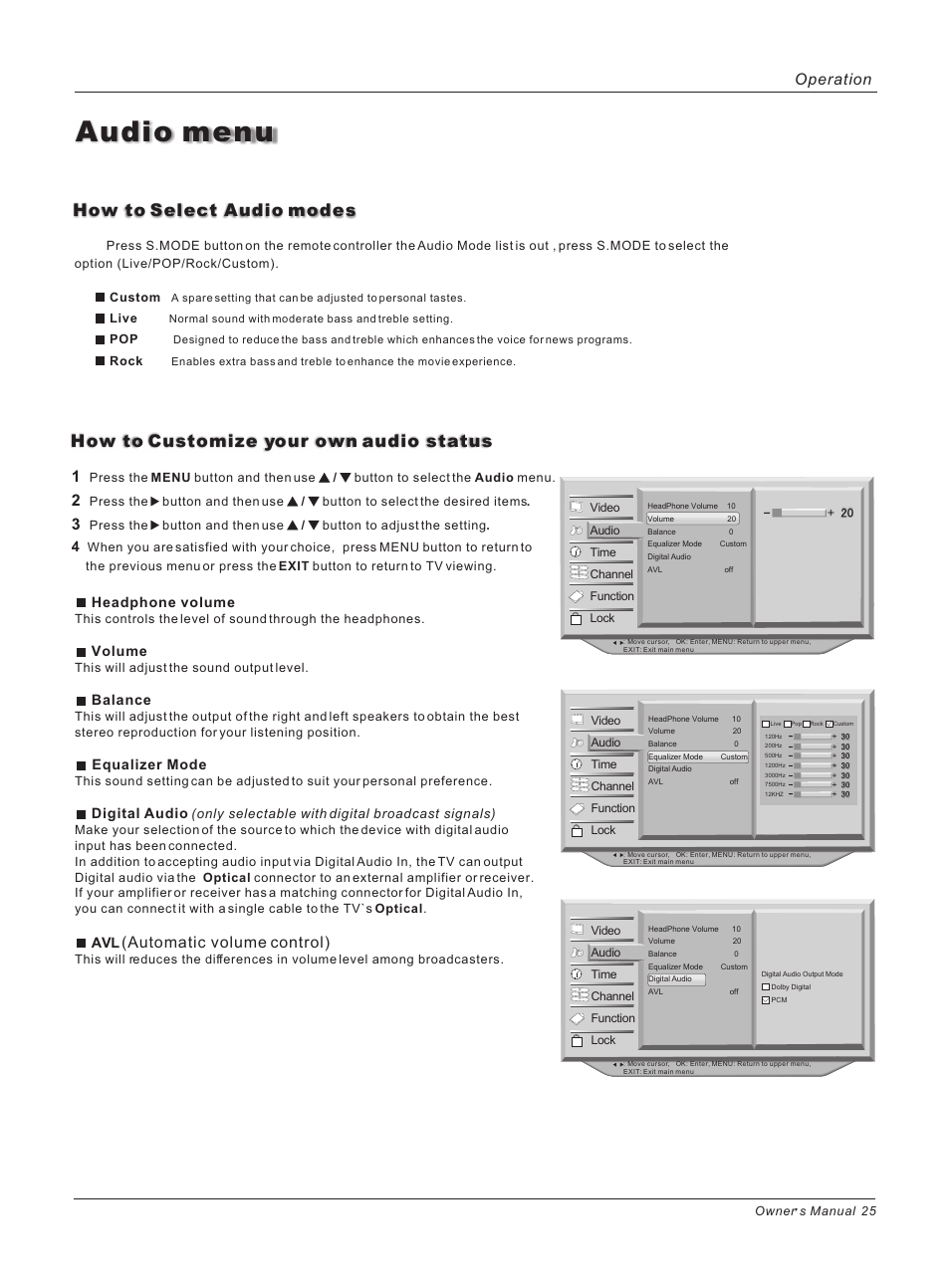 Audio menu, How to customize your own audio status, How to select audio modes | Automatic volume control), Operation, Headphone volume, Volume, Balance, Equalizer mode, Digital audio | haier HLH32ATBB User Manual | Page 25 / 48