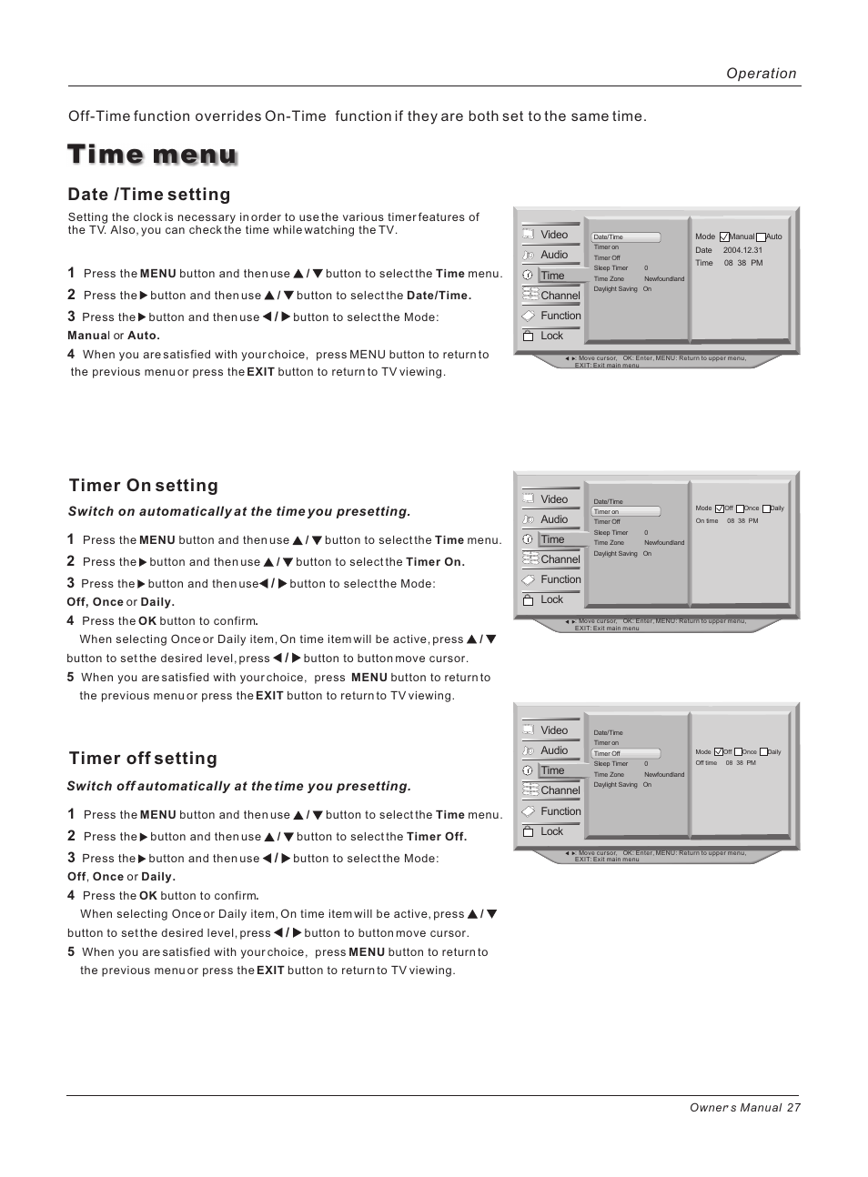 Time menu, Date /time setting, Timer on setting | Timer off setting, Operation | haier HLH32ATBB User Manual | Page 27 / 48