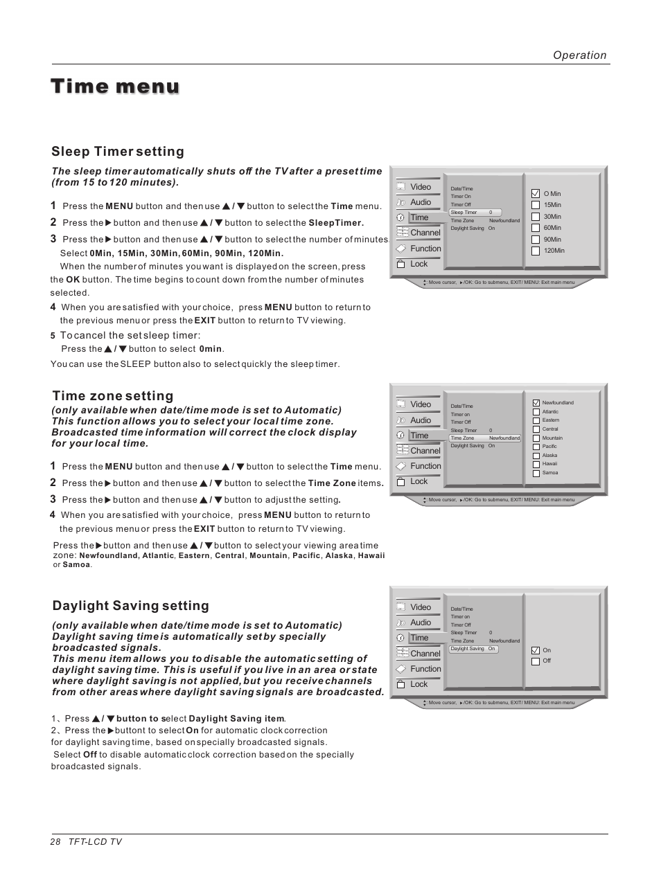 Time menu, Sleep timer setting, Time zone setting | Daylight saving setting, Operation | haier HLH32ATBB User Manual | Page 28 / 48